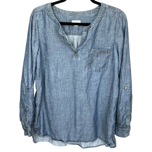 J Jill Womens Denim Chambray Top Sz S Tencel Linen Roll Tab Sleeve Summer Casual - Picture 2 of 12